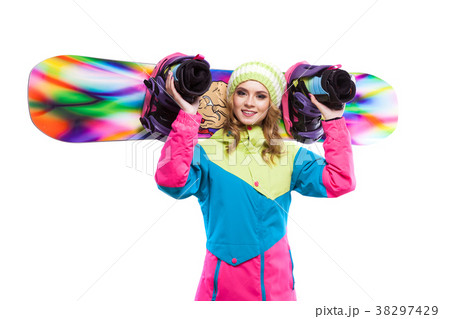 young pretty woman in ski suit hold snowboard on 38297429