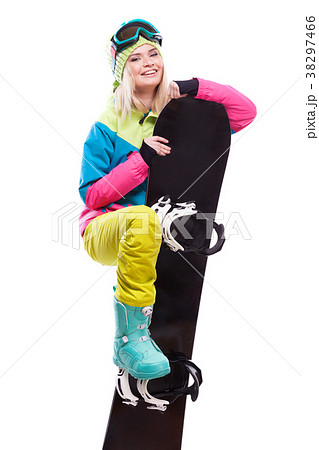 pretty young blonde woman in colorful snow coat 38297466