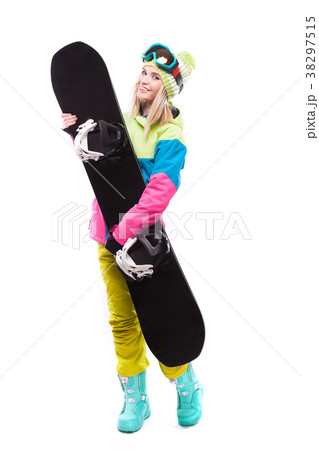pretty young woman in ski outfit hold snowboard 38297515
