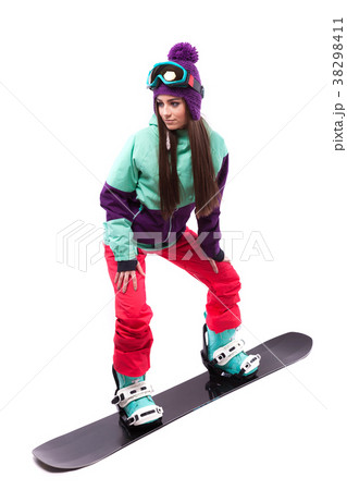 pretty young woman in purple ski suit rides black pretty young woman in purple ski suit rides black 38298411