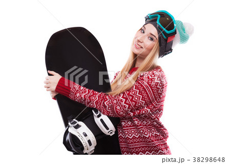 attractive young woman in red pullover and blue 38298648