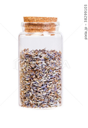 Dried lavender flowers in a bottle with cork Dried lavender flowers in a bottle with cork 38299103