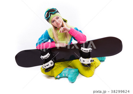 beauty young woman in ski suit and ski glasses sit beauty young woman in ski suit and ski glasses sit 38299624