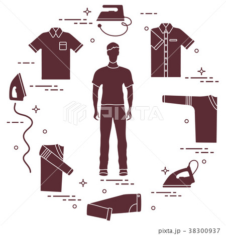 Silhouette of a man, irons and different clothes Silhouette of a man, irons and different clothes 38300937