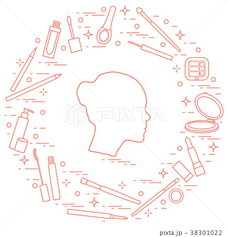 Silhouette of female head and various accessories 38301022