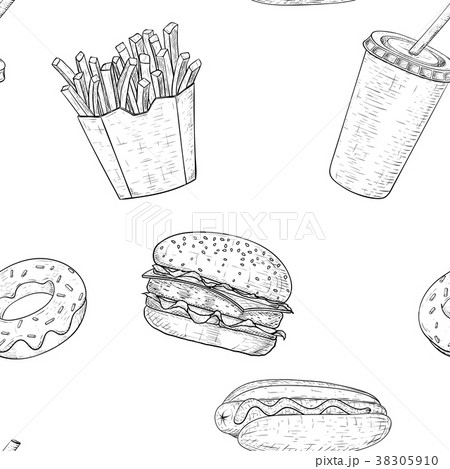 Fast food seamless pattern. Hand drawn sketch 38305910