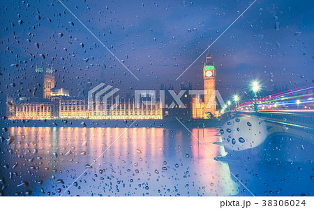 Big Ben view through the window with raindrops Big Ben view through the window with raindrops 38306024