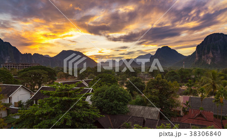 Landscape view panorama at Sunset in Vang Vieng 38306840