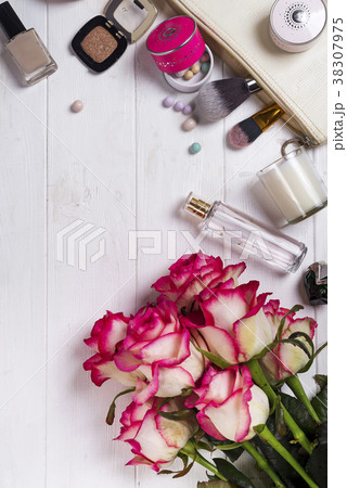 Women cosmetics and fashion items on white wooden 38307975