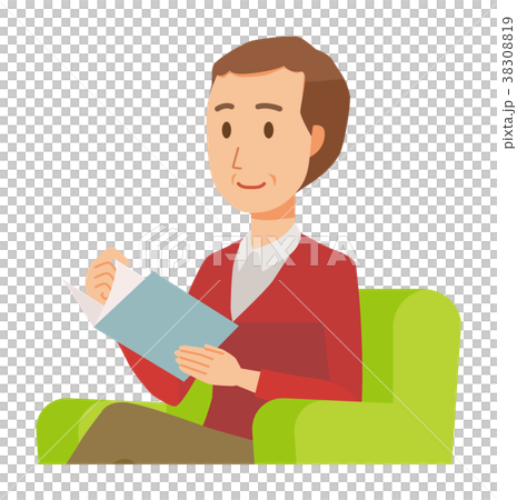 セーターを着た中年男性がソファーに座って読書をしているのイラスト素材 3019