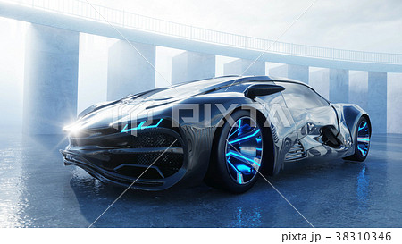 black futuristic electric car on seafront. Urban 38310346