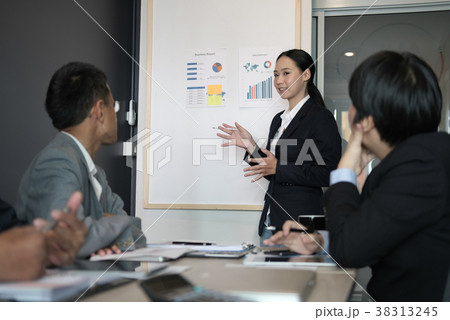 businesswoman present financial plan report to co worker team. woman leader discuss sales data with investor colleagues. finance investment business meeting businesswoman present financial plan report to co worker team. woman leader discuss sales data with investor colleagues. finance investment business meeting 38313245