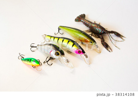 Fishing wobblers and lure on a white background Fishing wobblers and lure on a white background 38314108