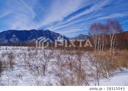 冬の奥日光 戦場ヶ原 青空と雪の平原 戦場ヶ原展望所より C 1 白樺と雪の山々の写真素材