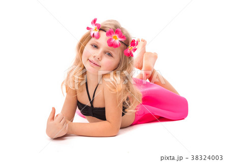 Cute pretty little girl in black bikini, pink Cute pretty little girl in black bikini, pink 38324003