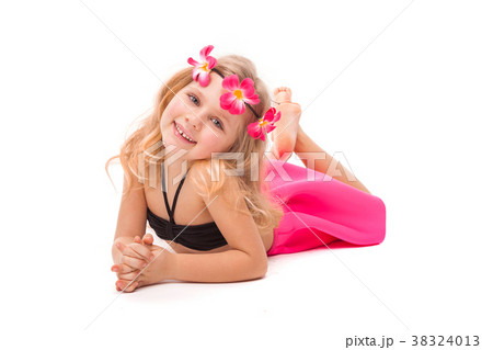 Attractive little girl in black bikini, pink skirt 38324013