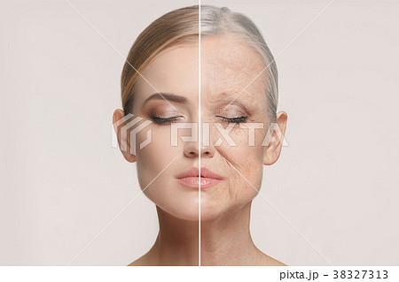 Comparison. Portrait of beautiful woman with 38327313