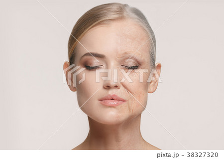 Comparison. Portrait of beautiful woman with 38327320