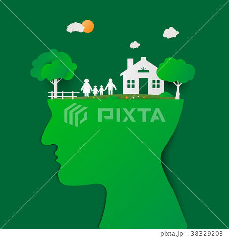Human head with green house and happy family. 38329203