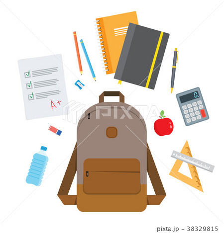 Backpack with flying school supplies set. Backpack with flying school supplies set. 38329815