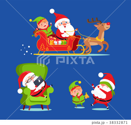 Santa Claus Riding Deer Sledge with Elf Icon 38332871