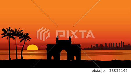 Mumbai city, India. Landmark arch Sunset skyline  38335145