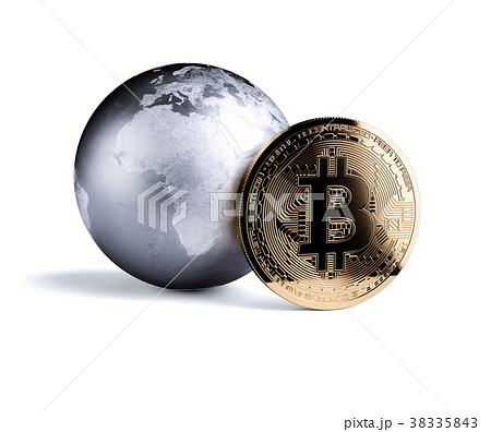 Bitcoin golden coin with metal planet Earth 38335843