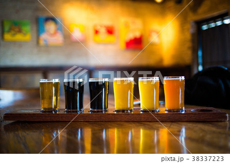 A variety set of craft beers light and dark 38337223