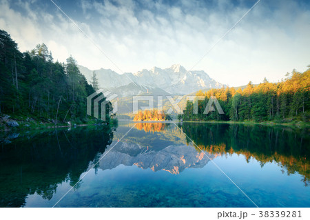 Fantastic sunrise on mountain lake Eibsee 38339281