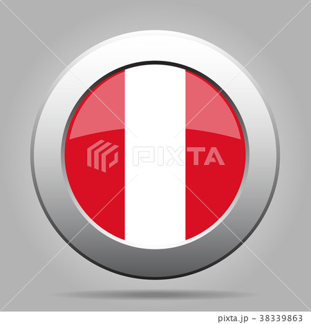 Flag of Peru. Metal gray round button.