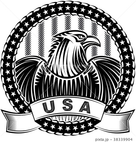 The American Eagle with stars and stripes as a symbol of the Independence Day of the US on 4th July; Vector hand drawing tattoo or print in vintage monochrome ink style 38339904