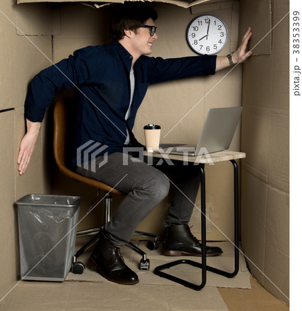 Annoyed manager is feeling discomfort inside small 38353399