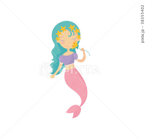 Cartoon illustration of mermaid with yellow flower Cartoon illustration of mermaid with yellow flower 38355402