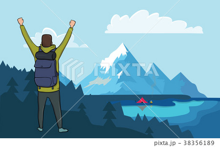 Back view of happy hiker man with raised hands in 38356189
