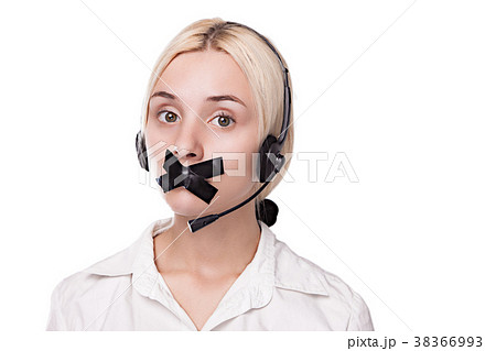sexy young blond woman in a headset looking at the sexy young blond woman in a headset looking at the 38366993