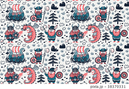 Seamless pattern with cartoon vikings characters 38370331