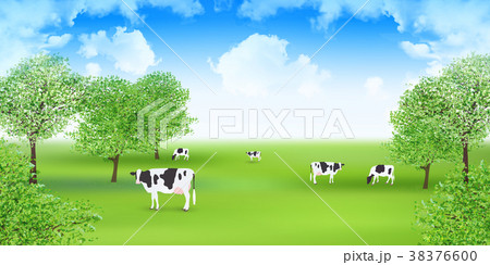 牛 牧場 風景 背景 のイラスト素材
