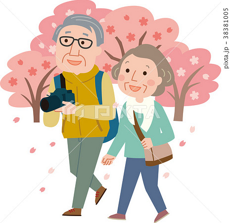 年配夫婦の春散歩のイラスト素材