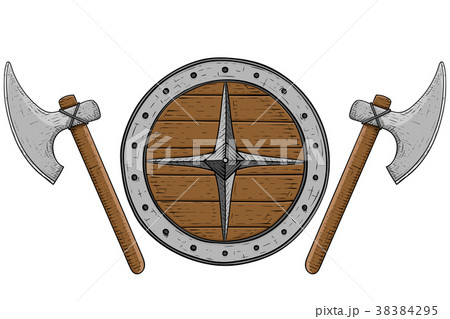 Viking axes and shield. Hand drawn colored sketch 38384295