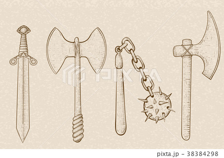 Set of old viking weapons. Hand drawn sketch 38384298