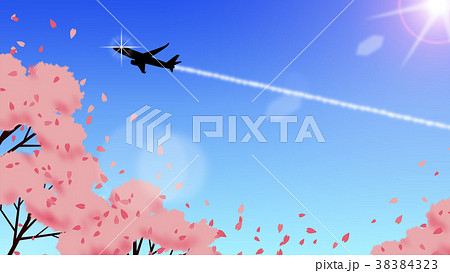 桜と青空と飛行機のイラスト素材