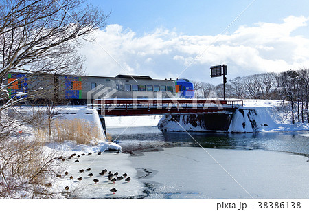 冬の北海道七飯町大沼公園周辺の函館本線を走るＪＲ振り子特急の風景を撮影 38386138