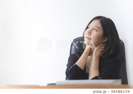 Woman neck pain but smiling for medicine concept Woman neck pain but smiling for medicine concept 38386159