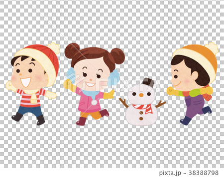 冬服で走り回る子供と雪だるま 38388798