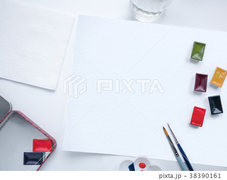 Top view with painting brushes, watercolor paints Top view with painting brushes, watercolor paints 38390161
