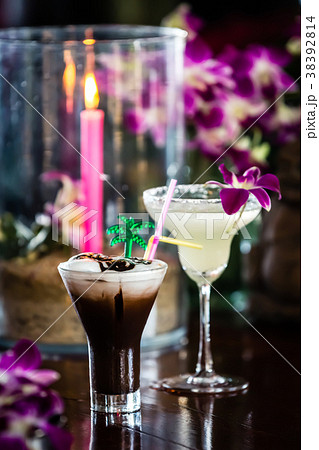 Still life Iced coffee with cream, orchid flowers Still life Iced coffee with cream, orchid flowers 38392814