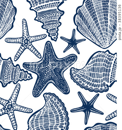 Shell And Starfish Seamless Hand Drawn Patternのイラスト素材