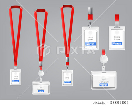 Vector set of ID cards, badges with red lanyards Vector set of ID cards, badges with red lanyards 38395802