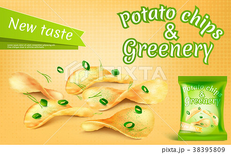Vector banner with potato chips and greenery 38395809