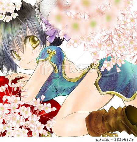 女の子のイラスト チャイナドレス アニメマンガ風01 桜 さくら 春 満開のイラスト素材